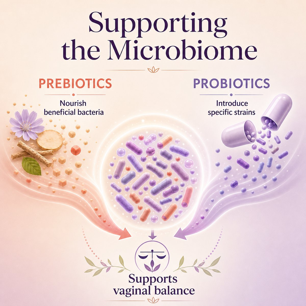 Prebiotics nourish beneficial bacteria, probiotics introduce specific strains, together they support vaginal balance