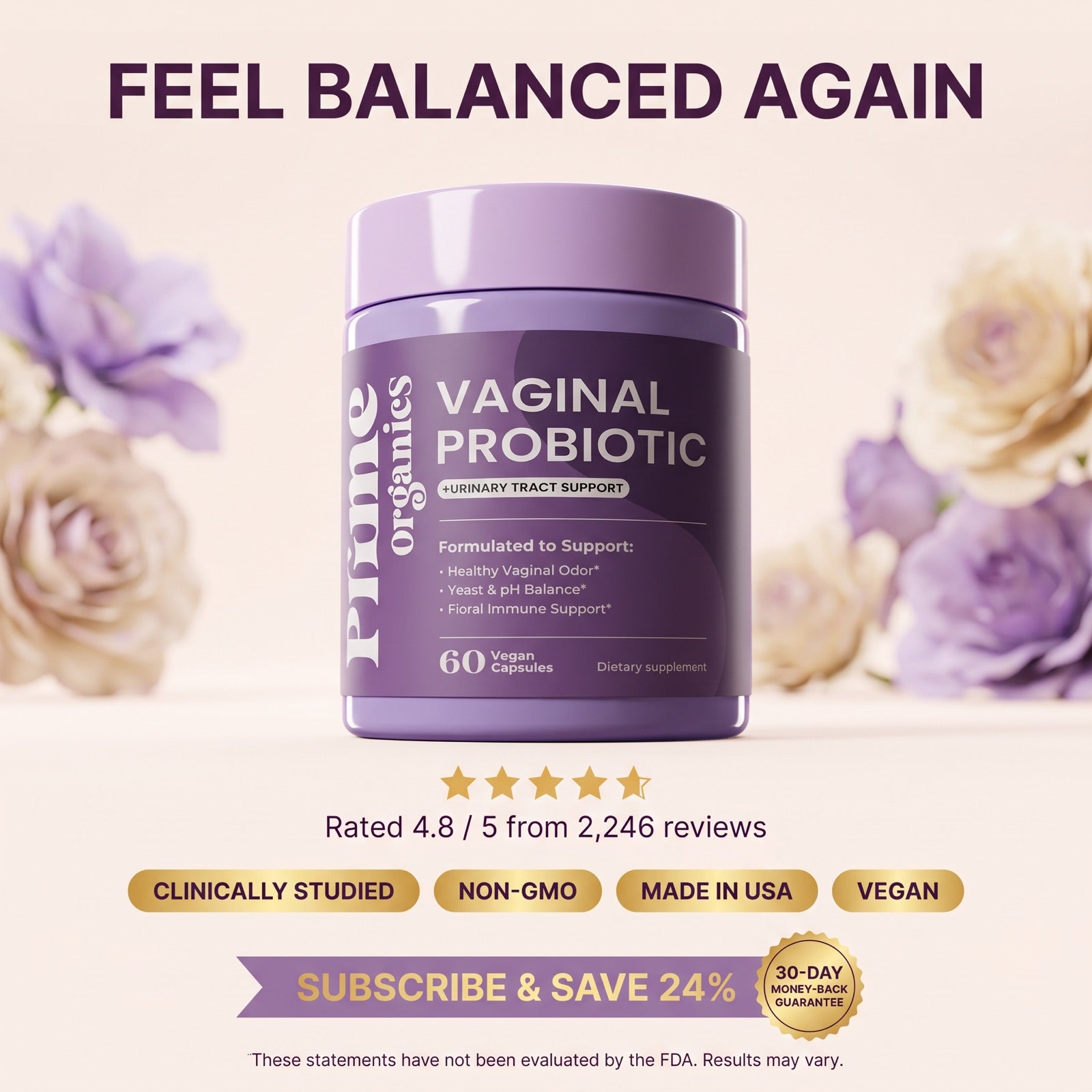 Prime Organics Vaginal Probiotic bottle with the feel balanced again message