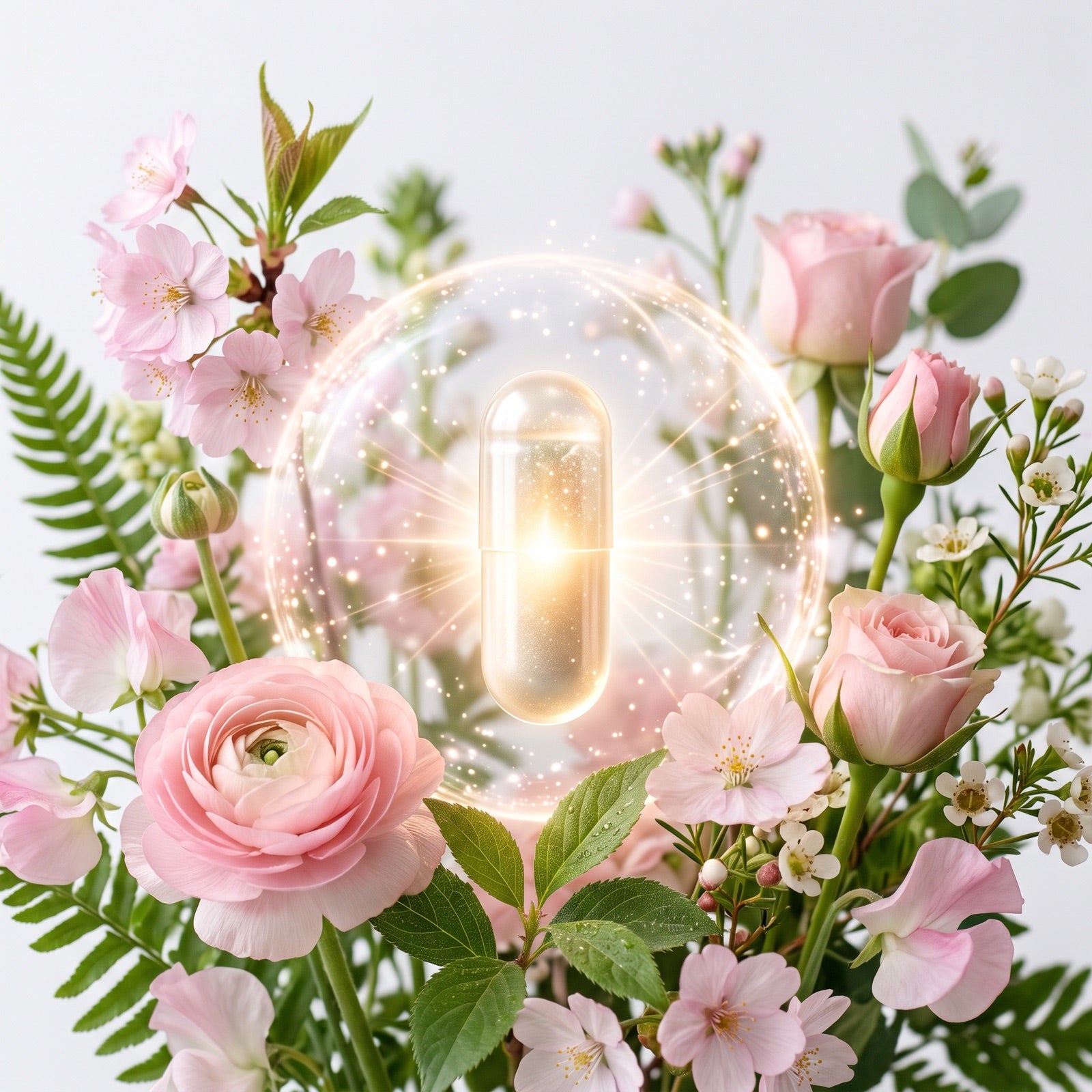 Glowing capsule in a sphere of light among soft pink flowers