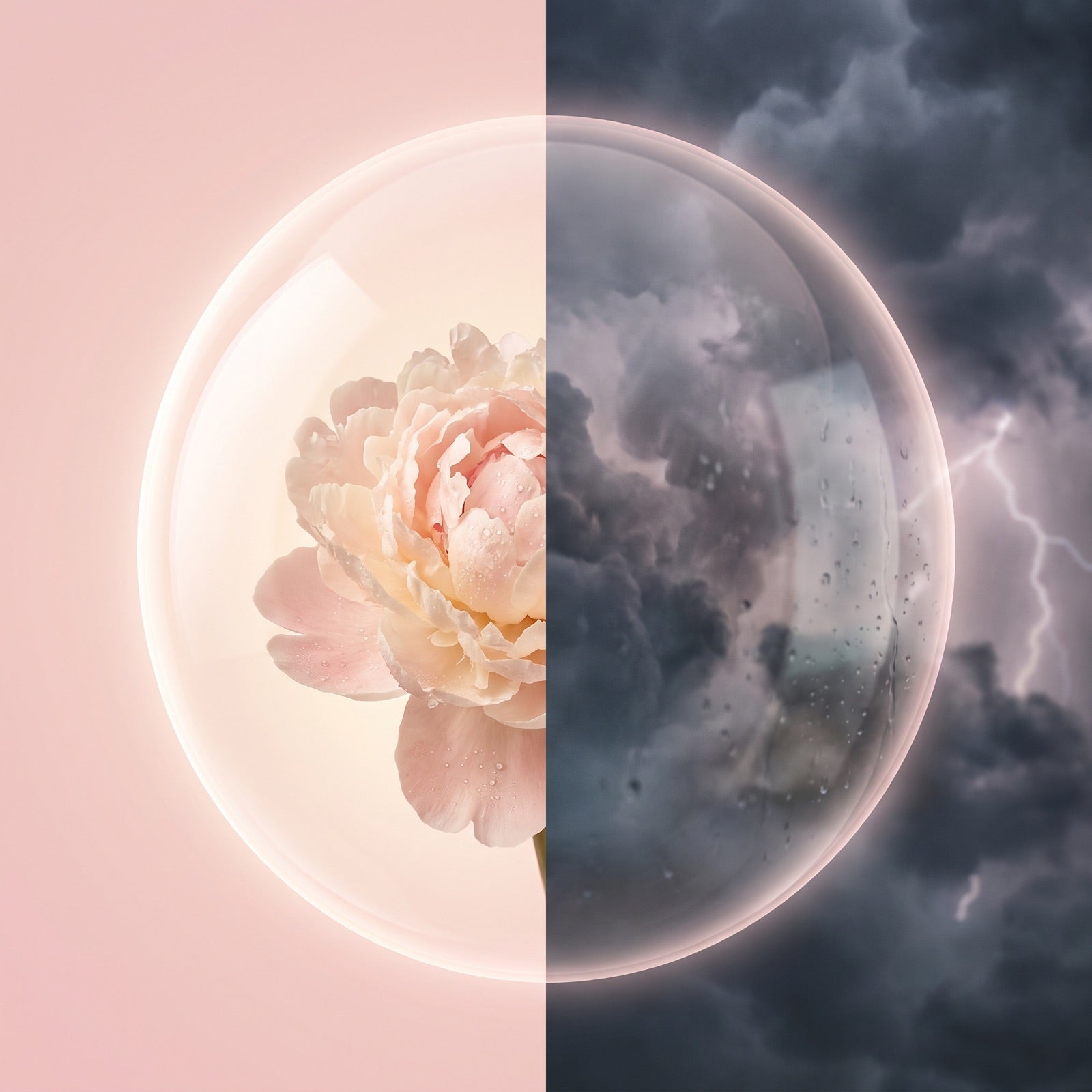 A protective bubble, calm flower on one side and storm on the other