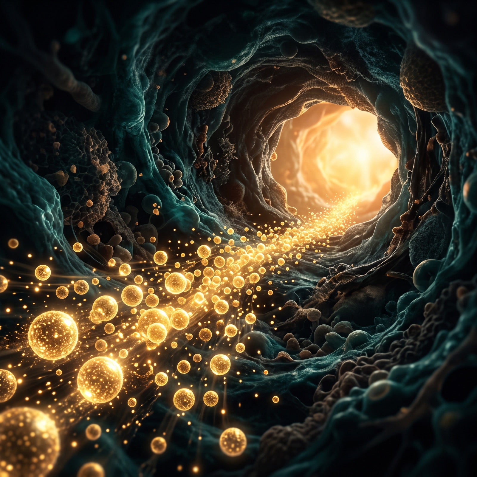 Golden probiotic spheres travelling a dark digestive tunnel toward the light