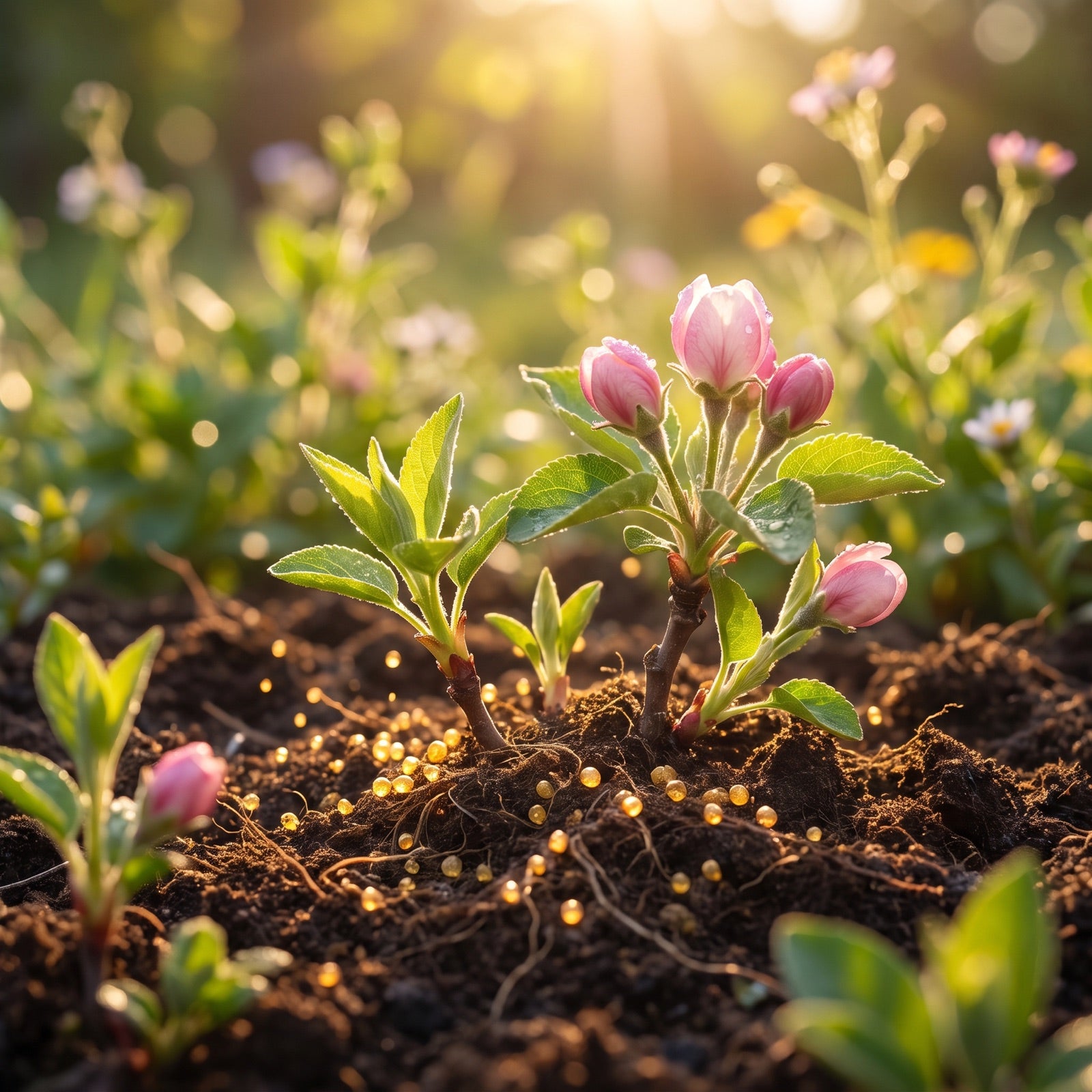 Young seedlings in dark soil scattered with golden droplets