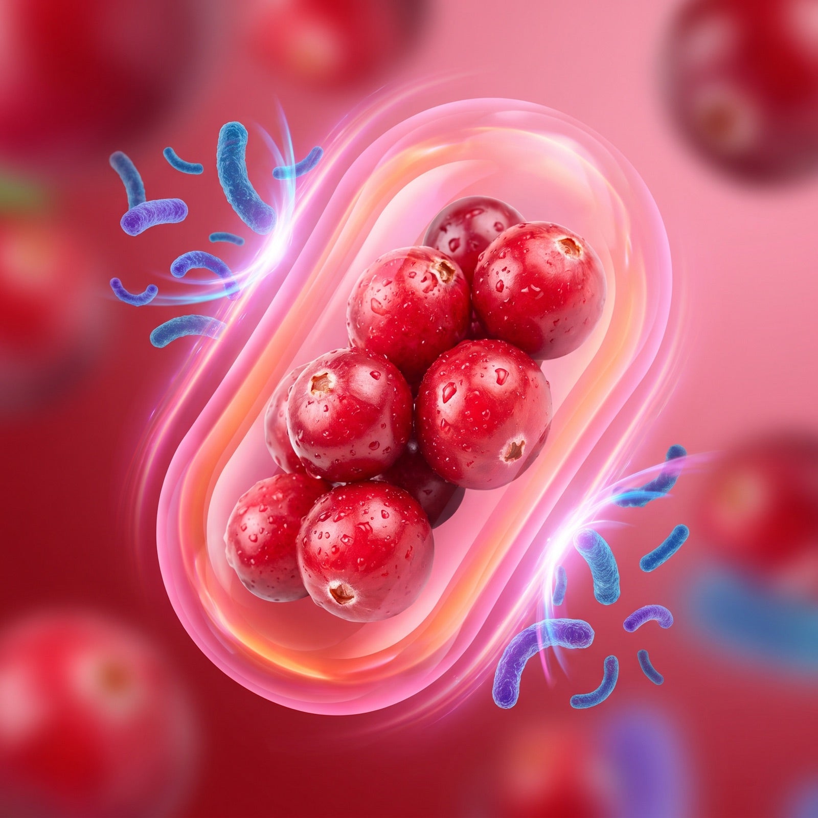 Cranberries sealed inside a capsule-shaped shield, bacteria held outside