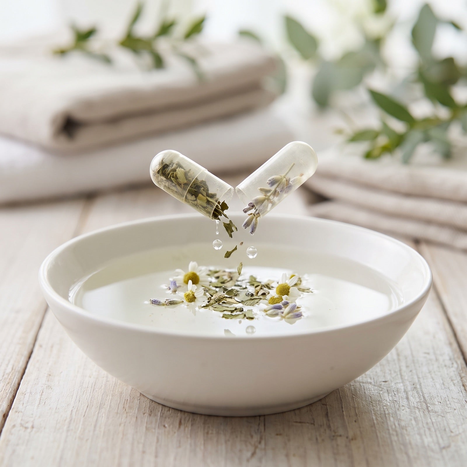 Clear capsule opening dried herbs into a ceramic bowl of water