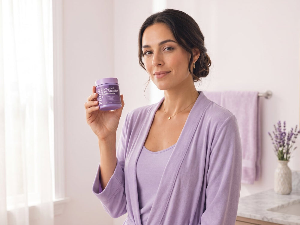 A woman holding the Prime Organics Vaginal Probiotic jar