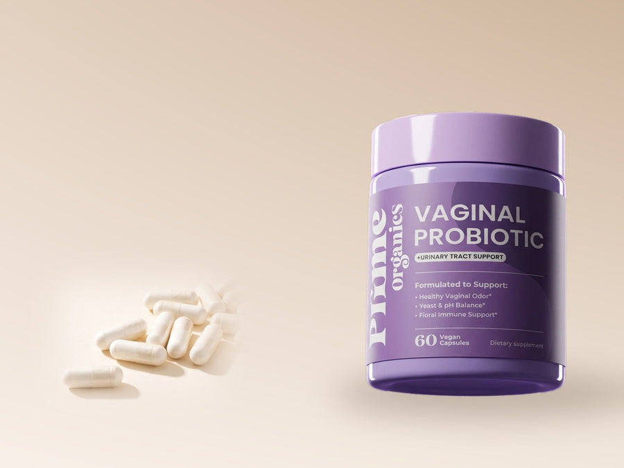Prime Organics Vaginal Probiotic jar and capsules