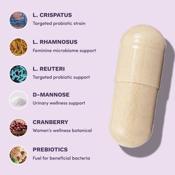 Probiotic strains and ingredients beside a vegan capsule
