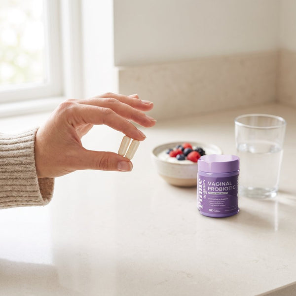 A hand holding two capsules next to the Prime Organics jar and a glass of water