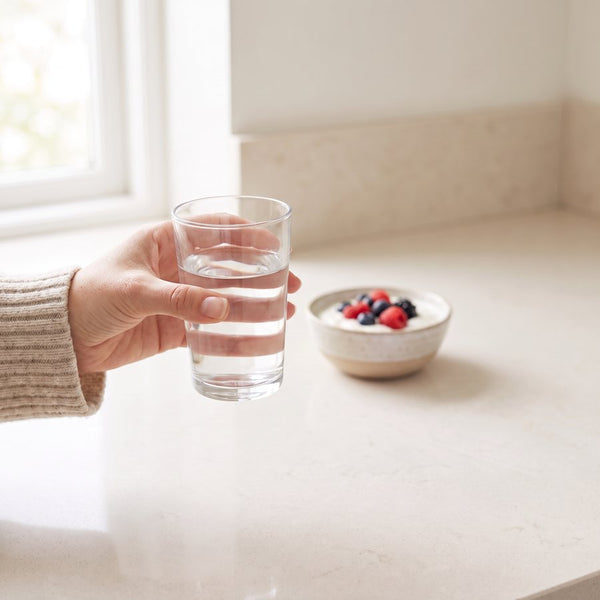A hand lifting a glass of water in a bright kitchen